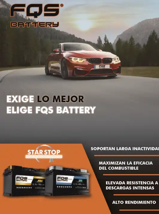 Cartaz promocional de baterias AGM e EFB da FQS Battery.
