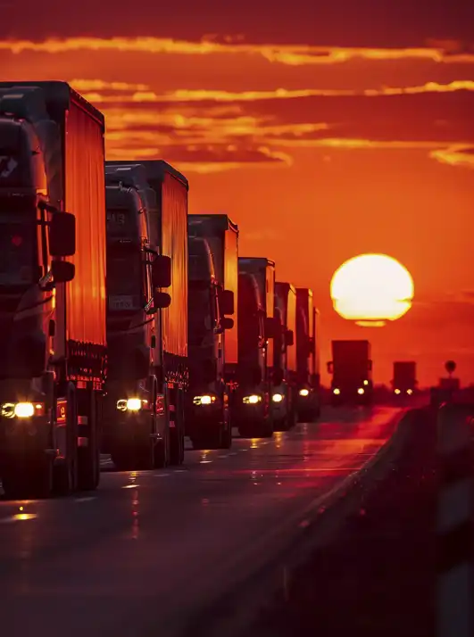 Veículos industriais, neste caso camiões, a circular numa estrada ao pôr do sol.
