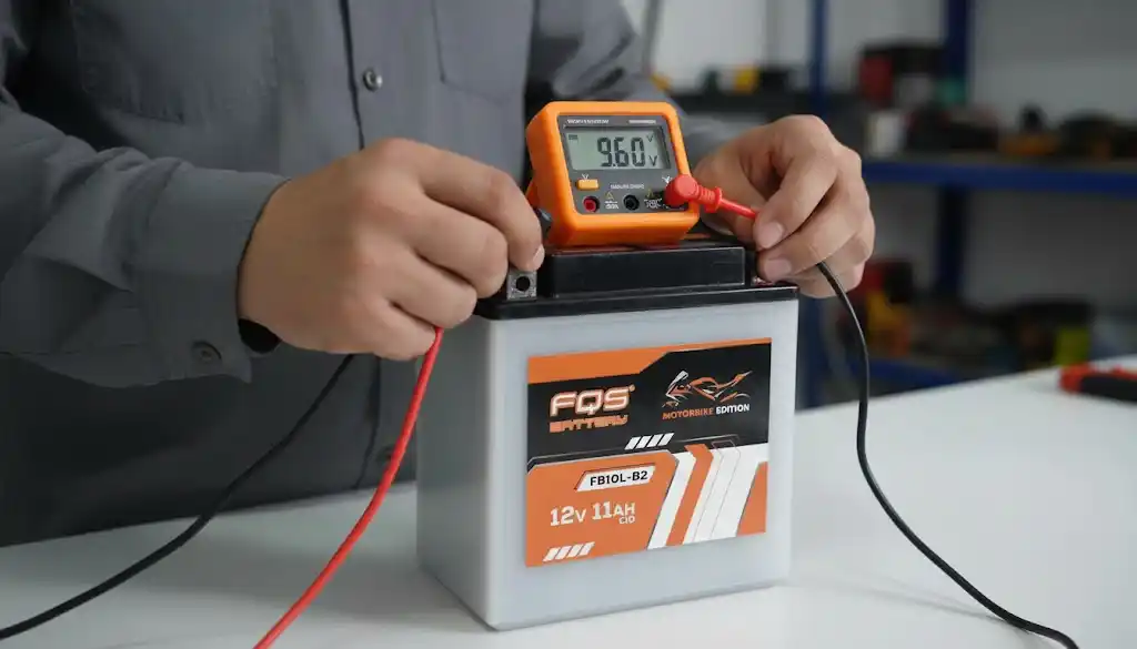 Verificando uma bateria de mota FQS BATTERY com multímetro